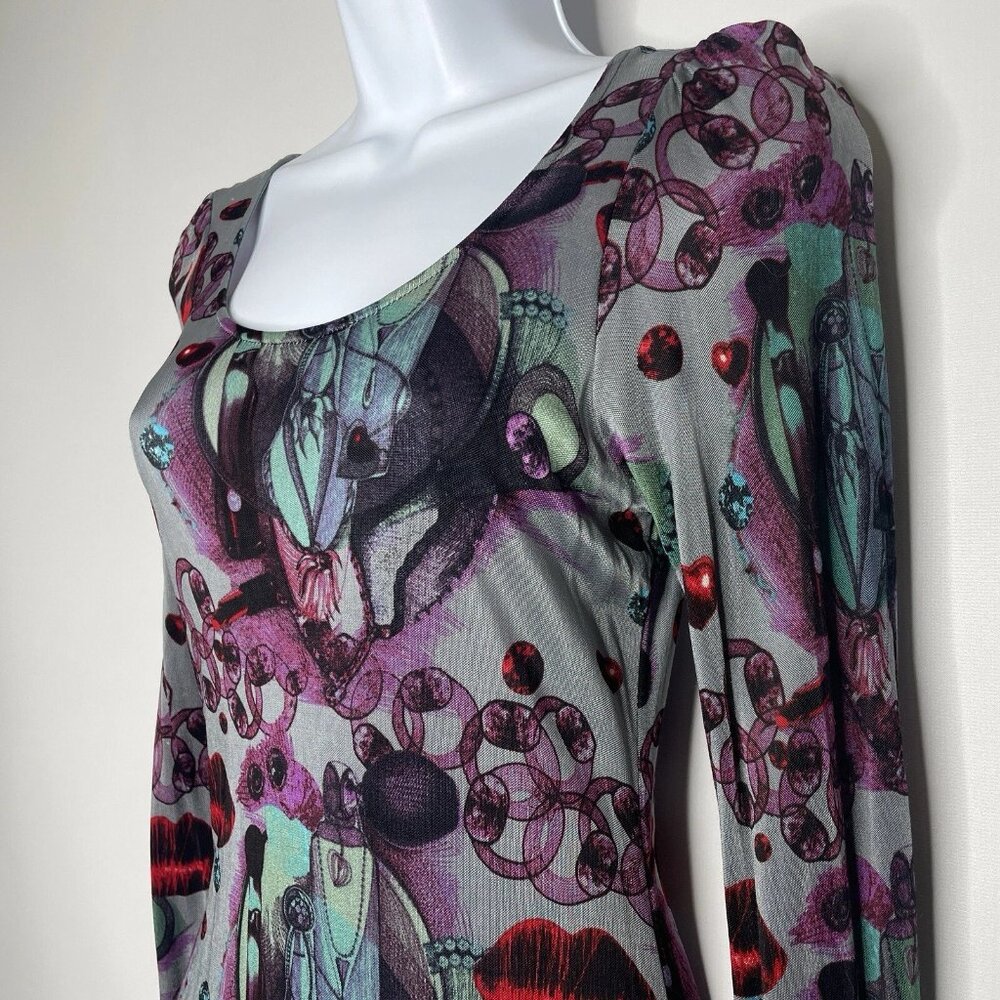 Vintage Y2K Custo Barcelona Graphic Mesh Dress Size S Gray Purple Lips Hearts - Picture 6 of 10